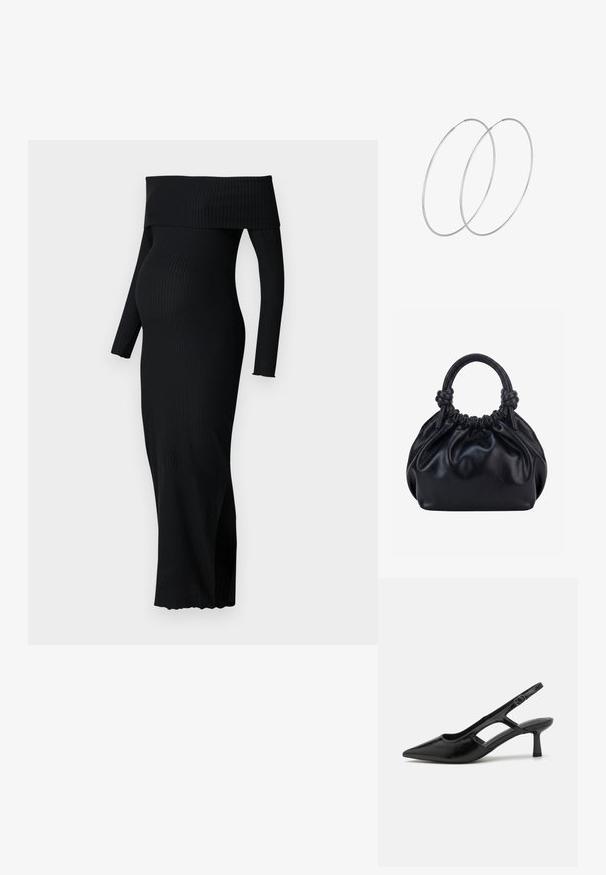 ONLY MATERNITY OLMESMERALDA DRESS - Vestido ligero - black; Tacones de slingback negros con punta afilada, hechos de material brillante, que presentan acentos recortados y un tacón moderado para mayor soporte.; Bolso de mano de cuero negro suave con parte superior fruncida y dos asas gruesas atadas en nudos sobre un fondo claro y liso.; Pendientes de aro plateados con un diseño minimalista. Forma circular, textura suave y perfil delgado. Livianos con un acabado pulido.