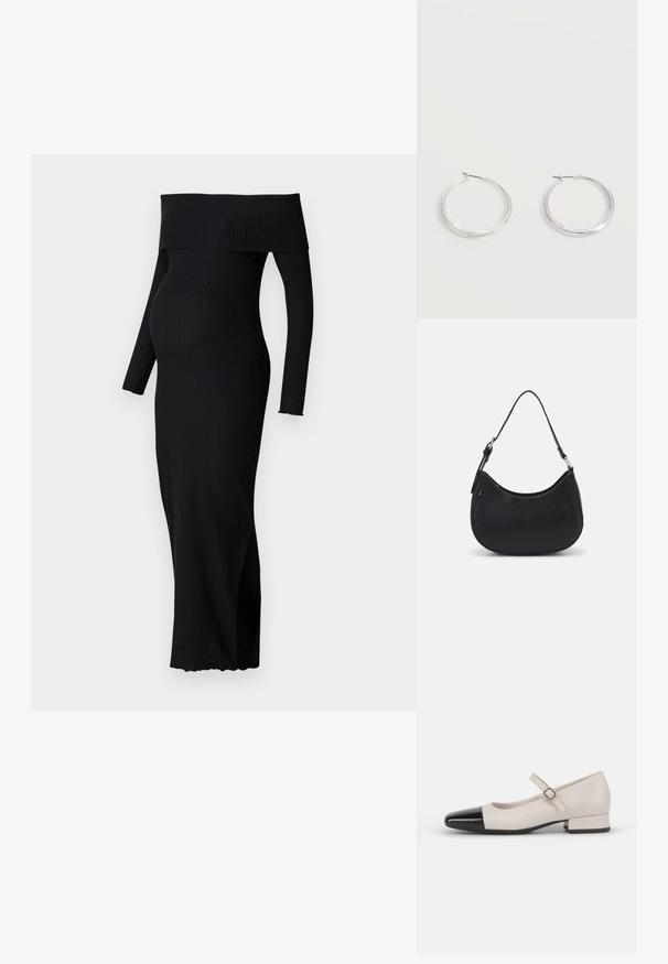 ONLY MATERNITY OLMESMERALDA DRESS - Džersejové šaty - black; Topánky v štýle Mary Jane z krémovej kože s čiernym lakovaným prstom. Majú okrúhlu špičku, členkový remienok so štvorcovou prackou a nízky blokový podpätok.; Čierna taška hobo vyrobená z hladkej kože s prehnutým siluetou, s jedným nastaviteľným popruhom a minimalistickými dizajnovými detailmi.; Strieborné kovové kruhové náušnice s hladkým, mierne zakriveným povrchom a zapínaním na poistku na jednoduchom bielom pozadí.