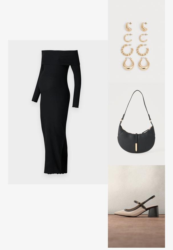 ONLY MATERNITY OLMESMERALDA DRESS - Trikotaažkleit - black; Beežid kõrgkontsaga slingback-king, millel on terav nina, must ääris ja pandla detail. Sile materjal mattlõpuga, keskmise suurusega plokktald.; Mustast poolkuu kujuga käekott ühe rihmaga, kuldse lukkude ja kuldse ristkülikukujulise dekoratiivse plaadiga ees.; Viie kullast kõrvaehe komplekt, mis sisaldab erinevaid disaine: keeratud, nüri, ja siledad pinnad rõngas- ja poolkuu kujudes.