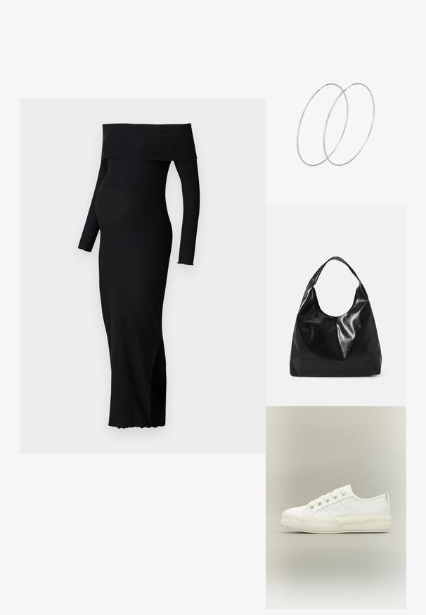 ONLY MATERNITY OLMESMERALDA DRESS - Džersejové šaty - black; Biela nízka teniska s hrubou rebrovanou podrážkou, šnurovanie vpredu a sťahovacou pútkom na päte na neutrálnom pozadí.; Čierna kožená hobo taška s jemnou, lesklou textúrou a zaobleným, otvoreným vrchom. Obsahuje široký, zakrivený popruh na nosenie. Žiadne viditeľné kovanie.; Strieborné kruhové náušnice s minimalistickým dizajnom. Cirkulárny tvar, hladký povrch a tenký profil. Ľahké s lesklým povrchom.