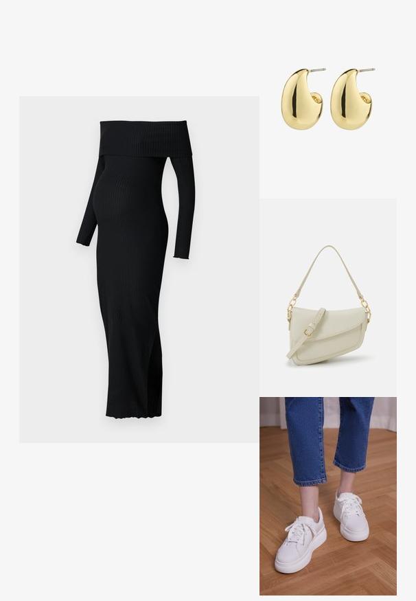 ONLY MATERNITY OLMESMERALDA DRESS - Jerseykjole - black; Ben iført cropped blå jeans og hvide snørebånds-plateausneakers, stående på lyst trægulv.; Lille cremehåndtaske med tekstureret overflade, en lang justerbar rem, en kædeaccent og flaplukning. Detaljer i guldhardware.; Guldtonede studøreringe med en glat, poleret overflade i en abstrakt, tårnform. Simple metalpind til fastgørelse.