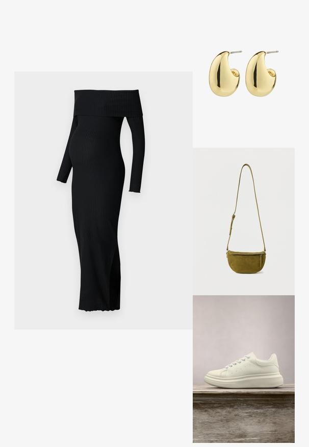 ONLY MATERNITY OLMESMERALDA DRESS - Jerseykleid - black; Weißer Ledersneaker mit rundem Zehenbereich, glatter Textur und kontrastierenden Schnürsenkeln. Verfügt über Belüftungslöcher und eine dicke Gummisohle für Komfort.; Olivgrüne Wildleder-Umhängetasche mit verstellbarem Riemen und Reißverschlusstasche vorne vor einfachem weißem Hintergrund.; Goldfarbene Steckerohrringe mit einer glatten, glänzenden Oberfläche, die eine abstrahierte, tropfenförmige Form aufweisen. Einfache Metallstiftbefestigung.
