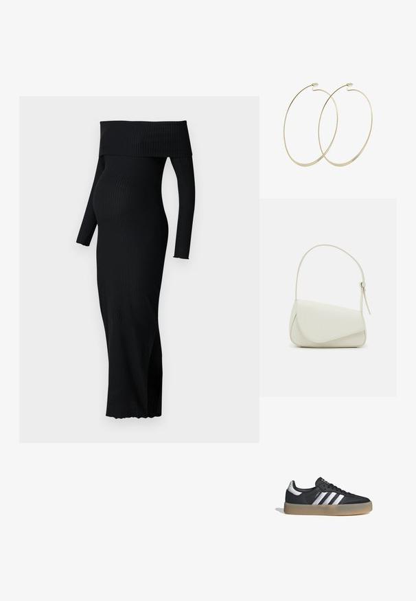 ONLY MATERNITY OLMESMERALDA DRESS - Vestido ligero - black; Zapatilla deportiva de cuero negro con tres rayas plateadas, punta texturizada y suela de goma. Cuenta con un collar acolchado y un diseño con cordones.; Bolso de mano de imitación cuero blanco con una forma triangular estructurada, correa ajustable única y cierre con solapa acentuada en curva.; Pilgrim Pendientes - gold-coloured