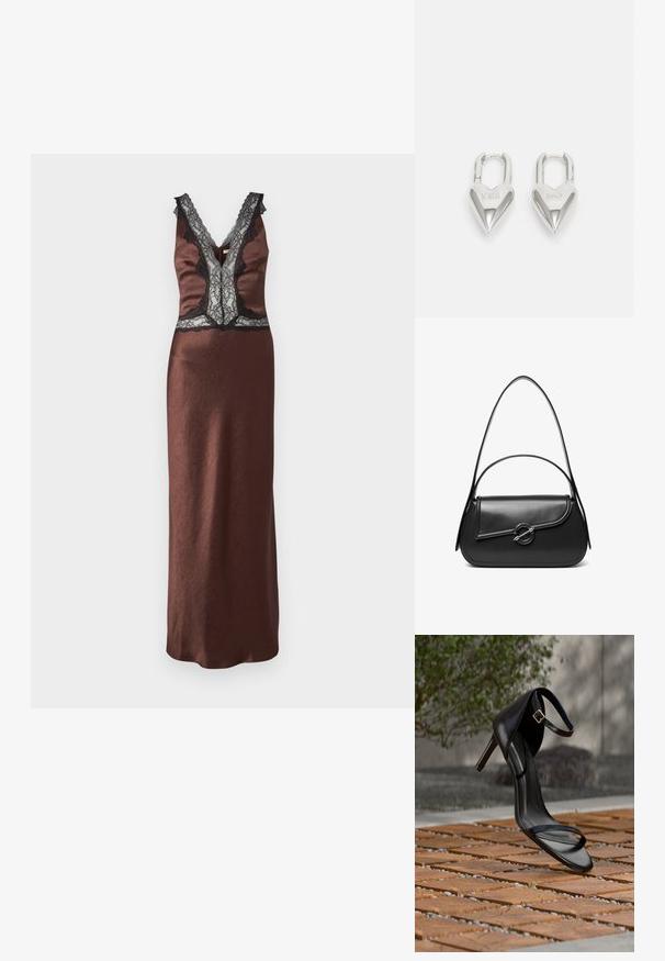 Robe en satin marron avec un décolleté en V, des détails en dentelle noire et une silhouette droite. Présente des accents en dentelle au niveau des épaules.; Sandale noire à talon haut avec sangle à la cheville, suspendue au-dessus d'un sol en carreaux de bois à l'extérieur, avec un arrière-plan flou de verdure et de pierre.; Sac à bandoulière en cuir noir avec un rabat incurvé fermé par un fermoir métallique rond et une sangle fine et ajustable.; Cadenas en forme de cœur en argent avec les inscriptions gravées "OUI" et "NON", finition polie, design symétrique et un robuste fermoir en métal.