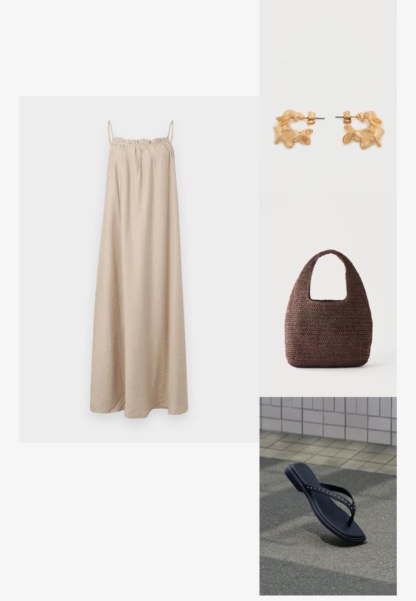 Robe maxi beige avec de fines bretelles spaghetti, encolure élastique froncée, fabriquée en tissu texturé doux, et silhouette A-line longueur au sol.; Sandale noire de type tong avec des brides cloutées suspendue au-dessus du pavé en asphalte près du bord d’un mur carrelé.; Sac tote marron en crochet avec une large anse et une forme rectangulaire arrondie sur fond uni clair.; Boucles d'oreilles dorées avec une forme abstraite et organique, présentant une surface texturée et une fermeture à poussette.