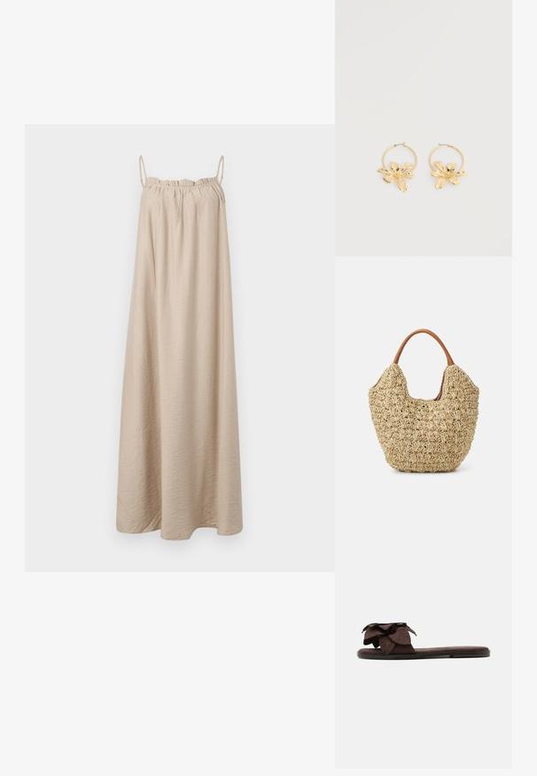 Beige maxijurk met dunne spaghettibandjes, geplooide elastische halslijn, gemaakt van zachte, gestructureerde stof, en een vloerlange A-lijn silhouet.; Platte bruine slide-sandaal met een grote stoffen bloemenversiering op het bandje en een dunne zool.; Geweven rieten tas met een natuurlijke textuur en een zachte, organische vorm, met bruine leren handvatten voor eenvoudig dragen.; Gouden creolen met grote, getextureerde bloemvormige hangers, getoond tegen een effen witte achtergrond.