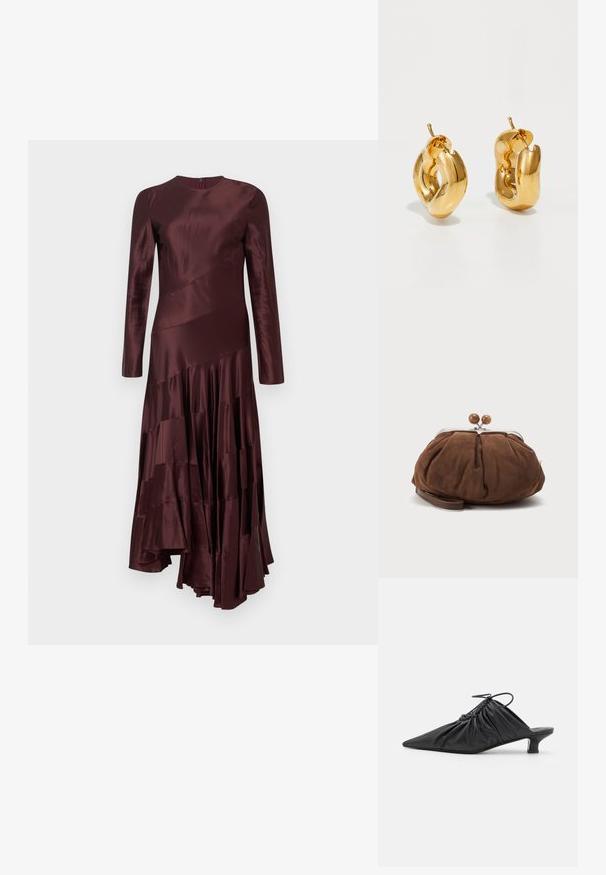 Robe en satin bordeaux à manches longues et encolure ronde, avec un ourlet à volants asymétrique et un design de panneaux diagonaux.; Mules noirs en cuir à enfiler avec un bout pointu, une texture froncée et un petit talon aiguille. Présente un détail à cordon au niveau de l'ouverture.; Petit sac poignet en daim marron doux avec cadre en métal argenté et boules rondes marron de fermeture sur fond clair uni.; Boucles d'oreilles créoles en or massif avec un design tubulaire légèrement tordu et des fermoirs à tige sur un fond blanc.