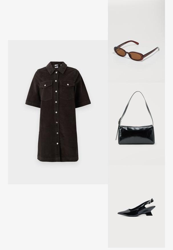 Vestido camisa de pana negra con cuello, mangas cortas y dos bolsillos en el pecho. Presenta botones a presión plateados en el frente y un corte recto.; Zapato slingback de cuero charol negro con puntera puntiaguda y tacón bajo en bloque inclinado sobre fondo claro liso.; Gafas de sol redondas con tinte marrón y un marco burdeos brillante. Patillas delgadas con un sutil detalle de marca. Diseño de lentes planos.; Bolso de hombro rectangular negro con una correa ajustable y un cierre de cremallera superior sobre un fondo liso.