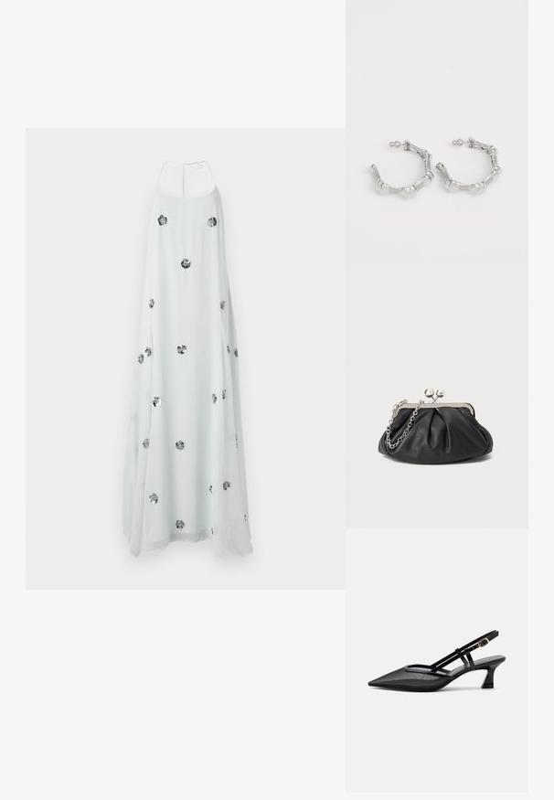 Witte maxi-jurk met een halternek, versierd met zilveren bloemenapplicaties. Vloeiend, lichtgewicht materiaal zorgt voor een zachte textuur.; Zwarte slingbackschoen met puntige neus, mesh bovenwerk, dunne bandjes, gouden gesp en lage gebogen hak op witte achtergrond.; Zwarte leren clutch met geplooide textuur, zilverkleurig metalen frame, drukknopsluiting en kettingriem. Glad, zacht oppervlak.; Zilveren oorringen met een gestructureerd, bobbelig ontwerp. Gemaakt van metaal, met een veilige paatsluiting en een gepolijste afwerking.
