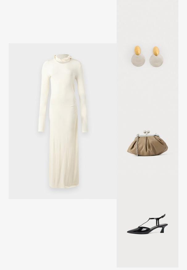 Robe à manches longues de couleur crème fabriquée à partir d'un tissu doux. Présente un col montant et une silhouette ajustée avec un détail de fronces sur les côtés.; Chaussure slingback femme en cuir verni noir à talon bas, bout pointu et fine bride avec petite boucle.; Pochette en cuir beige clair à la forme arrondie, texture plissée, fermeture à verrou argentée et bandoulière chaîne amovible.; Boucles d'oreilles en métal doré et argenté avec une base en disque rond et une pièce supérieure ovale, texture lisse et finition polie.