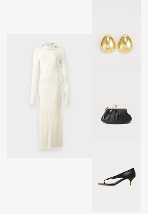 Robe à manches longues de couleur crème fabriquée à partir d'un tissu doux. Présente un col montant et une silhouette ajustée avec un détail de fronces sur les côtés.; Sandale à talon kitten en cuir noir avec fine bride sur les orteils et détail d'emblème doré sur le côté.; Porte-monnaie en cuir noir avec texture froncée, cadre en métal argenté, fermeture à verrouillage kiss-lock et bandoulière en chaîne. Surface lisse et douce.; Boucles d'oreilles clous de couleur or avec une surface lisse et polie, en forme de goutte d'eau, réfléchissant la lumière pour un fini éclatant.