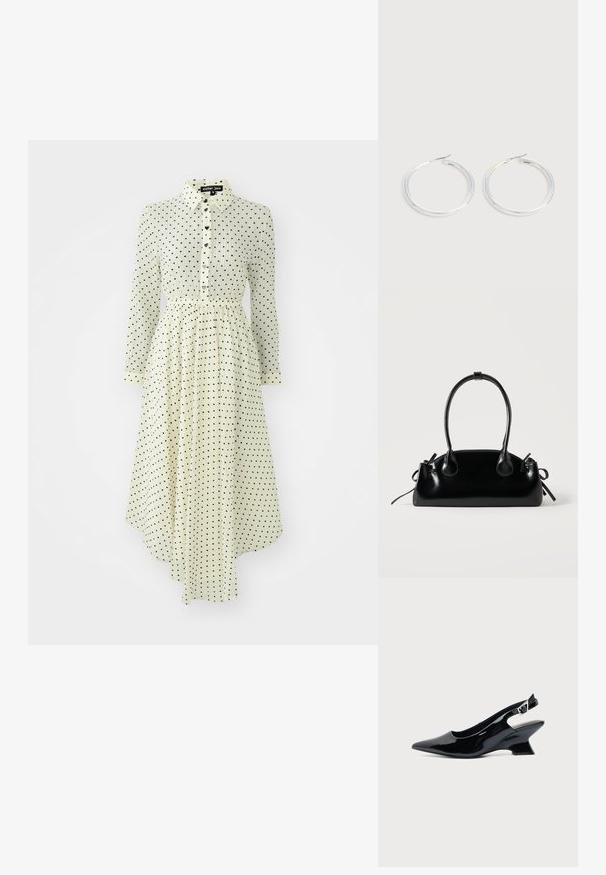 Lange mouwen, gecollarde jurk in cremewit met zwarte stippen. Voorzien van een knoopsluiting aan de voorkant en eenGathered taille met een vloeiende onderrand.; Zwarte lakleren slingback schoen met spitse neus en lage schuine blokhak op een effen lichte achtergrond.; Kleine zwarte glanzende handtas met twee lange hengsels en zijkant trekkoord details op een effen lichte achtergrond.; Een paar glanzende zilveren oorringen met dunne draadafsluitingen, getoond op een lichtgrijze achtergrond.