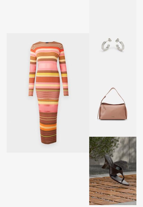 Vestido midi de punto con manga larga, que presenta rayas horizontales en tonos de marrón, rosa y amarillo. Textura acanalada en todo el vestido.; Sandalia de tiras con tacón marrón de Calvin Klein suspendida sobre suelo exterior de loseta de madera y grava, con fondo desenfocado de vegetación y piedras.; Calvin Klein GRACIE SHOULDER BAG - Bolso de mano - ash rose; Pendientes aros de metal plateado con un diseño texturizado, que cuentan con un pequeño respaldo de clip y una marca en uno de los aros. Forma redondeada con un acabado pulido.