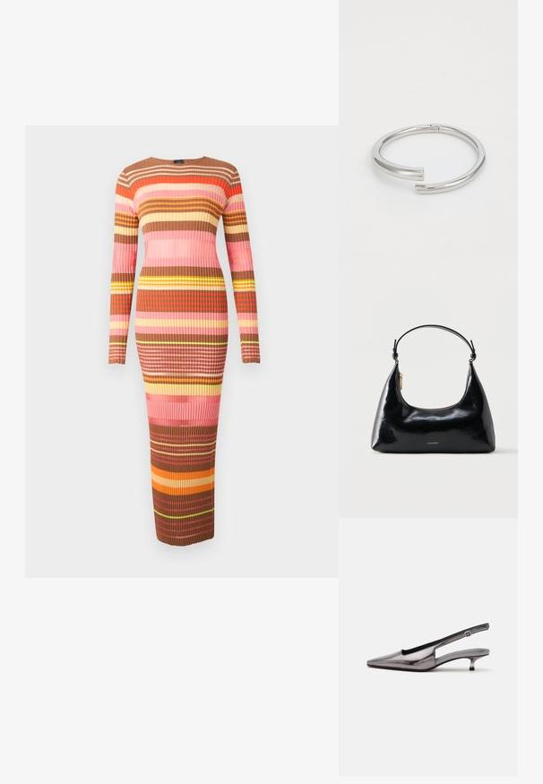 Vestido midi de punto con manga larga, que presenta rayas horizontales en tonos de marrón, rosa y amarillo. Textura acanalada en todo el vestido.; Zapato slingback gris metálico con punta puntiaguda, tacón bajo tipo kitten y correa ajustable sobre fondo blanco.; Bolso negro brillante de Calvin Klein con cremallera dorada y correa corta sobre un fondo blanco liso.; Calvin Klein SPIRAL - Pulsera - silver-coloured
