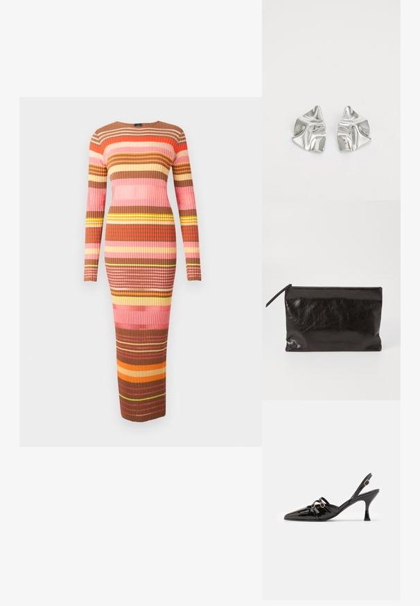 Vestido midi de punto con manga larga, que presenta rayas horizontales en tonos de marrón, rosa y amarillo. Textura acanalada en todo el vestido.; ALOHAS JOELLE ONIX - Tacones - black; Bolsita de cuero negro con una textura suave y ligeramente arrugada. Presenta un cierre de cremallera y una forma rectangular delgada.; Pendientes de metal plateado con un diseño ondulado y escultórico, que presentan un acabado pulido y formas irregulares, destacando una estética contemporánea.
