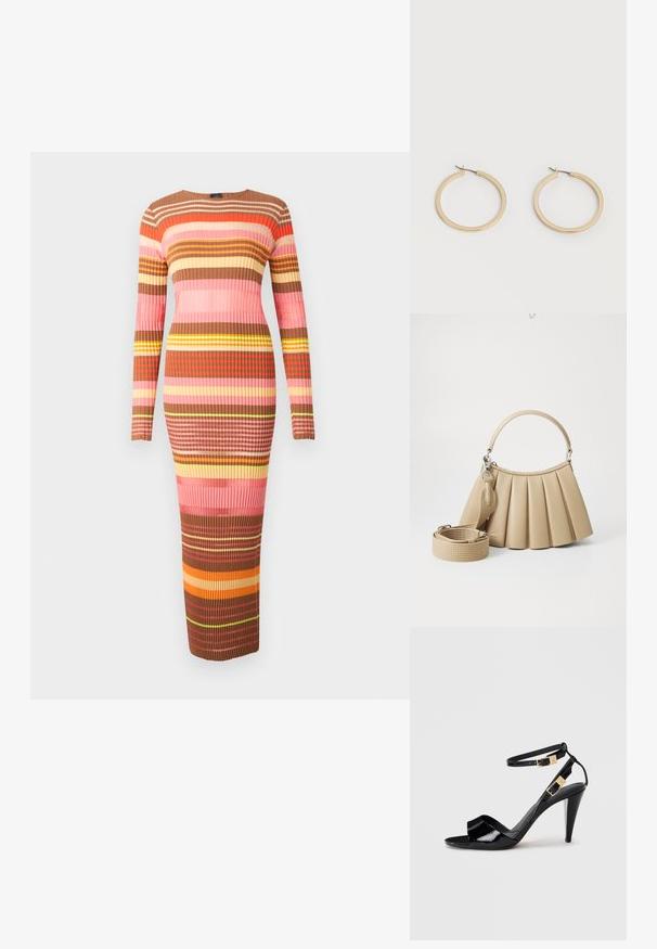 Strick-Midikleid mit langen Ärmeln, das horizontale Streifen in Brauntönen, Rosa und Gelb zeigt. Ganzflächige Rippstruktur.; Schwarze, lackierte High-Heeled-Sandalen mit doppelten Knöchelriemen und goldenen Schnallen, Zehen offen und schlankem, spitz zulaufendem Absatz auf neutralem Hintergrund.; Lacoste S LENGLEN BAG - Handtasche - viennois; Paar mittelgroße, glatte Creolen in Goldton mit Scharnier-Verschlüssen auf einem einfarbigen hellen Hintergrund.