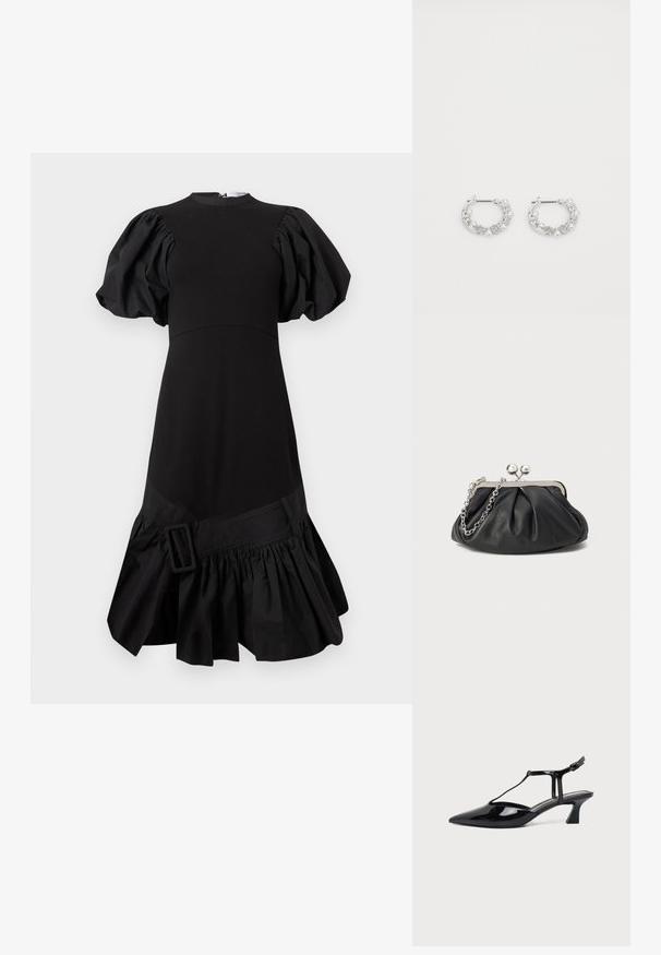 Robe noire avec manches bouffantes, corsage structuré et ourlet froncé à volants. Présente un accent de boucle latérale à la taille. Fabriquée en tissu lisse.; Chaussure slingback en cuir verni noir à bout pointu avec bride en T et petit talon bloc incliné sur fond blanc.; Porte-monnaie en cuir noir avec texture froncée, cadre en métal argenté, fermeture à verrouillage kiss-lock et bandoulière en chaîne. Surface lisse et douce.; Boucles d'oreilles en argent en forme de créoles avec des accents de perles et de cristaux, présentant une surface texturée et une fermeture à tige sécurisée.