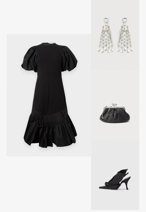 Robe noire avec manches bouffantes, corsage structuré et ourlet froncé à volants. Présente un accent de boucle latérale à la taille. Fabriquée en tissu lisse.; Escarpins slingback noirs à talons hauts avec une pointe pointue, dotés d'une tige en textile drapé et d'un nœud décoratif sur le panneau avant.; Porte-monnaie en cuir noir avec texture froncée, cadre en métal argenté, fermeture à verrouillage kiss-lock et bandoulière en chaîne. Surface lisse et douce.; Boucles d'oreilles en ton argenté avec des clous carrés, des perles circulaires et des chaînes pendantes se terminant par des charms en forme de goutte.