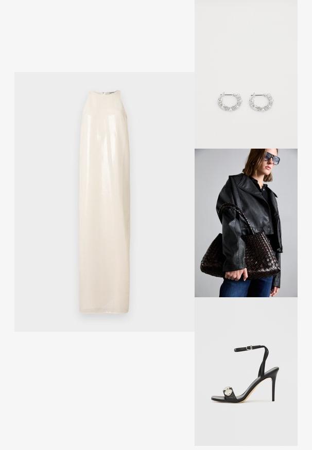 Robe longue sans manches en matière brillante de couleur blanc cassé, avec un col montant et une silhouette droite, présentant une texture subtilement nacrée.; Sandale à talons hauts noire avec une bride à la cheville, présentant une tige en cuir lisse, un bout carré et deux accents métalliques ronds.; DRAGON DIFFUSION SANTA CROCE BIG - Sac à main - dark brown; Boucles d'oreilles en argent en forme de créoles avec des accents de perles et de cristaux, présentant une surface texturée et une fermeture à tige sécurisée.