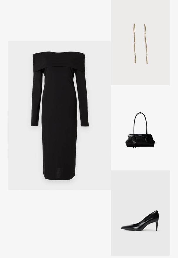 Robe noire décolletée avec des manches longues, design ajusté et longueur midi. Texture lisse avec un col haut et des détails minimalistes.; Chaussure à talon haut en cuir noir avec un bout pointu, texture lisse et un talon effilé. Design minimaliste, sans embellissements supplémentaires.; Sac à épaule en cuir noir à texture crocodile, avec de longues sangles et un petit charm logo argenté sur une sangle.; Longues boucles d'oreilles en or composées de quatre barres incurvées allongées reliées entre elles sur fond blanc.