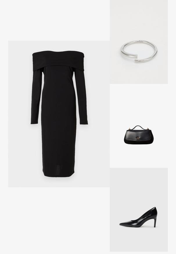 Robe noire décolletée avec des manches longues, design ajusté et longueur midi. Texture lisse avec un col haut et des détails minimalistes.; Chaussure à talon haut en cuir noir avec un bout pointu, texture lisse et un talon effilé. Design minimaliste, sans embellissements supplémentaires.; Sac à main en cuir noir avec une petite poignée, logo "cK" doré sur le rabat avant, et accessoires dorés.; Calvin Klein SPIRAL - Bracelet - silver-coloured