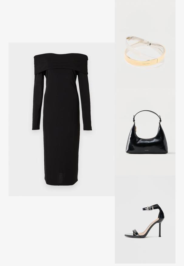 Robe noire décolletée avec des manches longues, design ajusté et longueur midi. Texture lisse avec un col haut et des détails minimalistes.; Sandale à talon haut en cuir verni noir avec bride à la cheville. Présente un design minimaliste, un bout ouvert et une boucle ornée de strass.; Sac à main Calvin Klein noir brillant avec fermeture éclair dorée et anse courte sur fond blanc uni.; Bracelets en métal poli entrelacés en tons argent et or, l'un gravé du logo "Calvin Klein", sur un fond blanc.