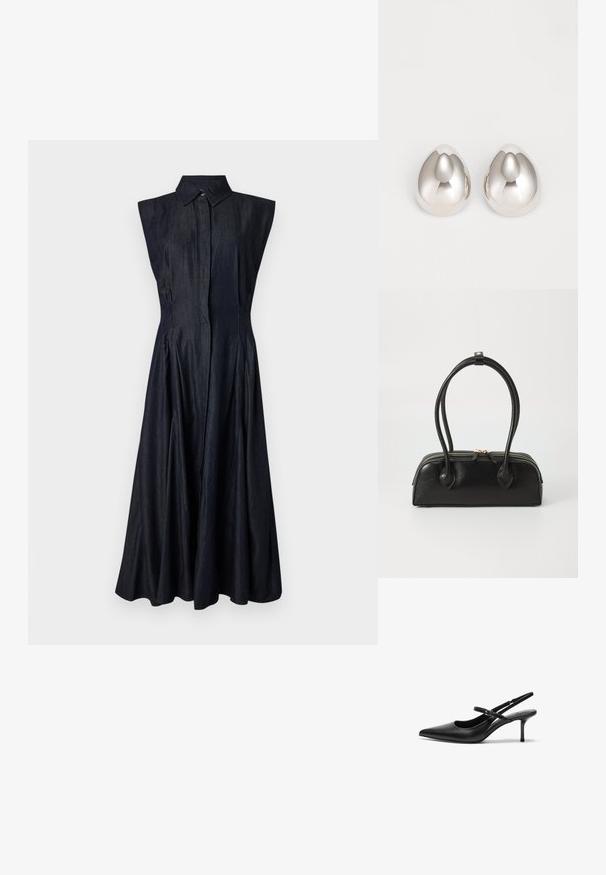 Denim mouwloos jurk, donkerblauw, knoopsluiting aan de voorzijde, spits kraag, uitlopende rok met plooien, gladde textuur, lengte boven de enkel.; Zwarte leren slingback hakken met een puntige neus, slanke verstelbare band en een ongeveer 5 cm hoge stiletto hak, met een gladde textuur.; Zwarte leren handtas met twee verlengde handvatten, ritsluiting en ronde vorm; gladde textuur met subtiele glanzende afwerking.; Zilveren metalen oorcuffs met een glad, rond ontwerp dat lijkt op de vorm van een druppel, met een reflecterende oppervlakte en een naadloze afwerking.