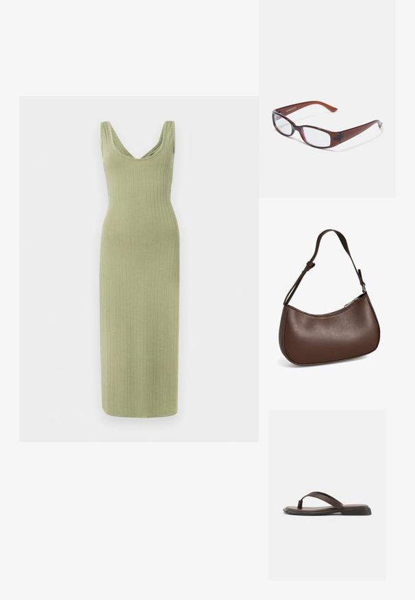 Robe longue rayée, verte olive, avec un décolleté en V et de larges bretelles, présentant une silhouette ajustée et une texture douce.; Sandale en cuir marron à lanière avec semelle plate noire et large bride sur le dessus, vue de profil sur fond blanc.; Lunettes rectangulaires teintées de brun avec une finition brillante, dotées de branches fines et de verres transparents. Logo visible sur la branche gauche.; Petit sac bandoulière en cuir marron avec sangle réglable et fermeture éclair, présenté sur fond blanc. Aucun logo ou décoration visible.