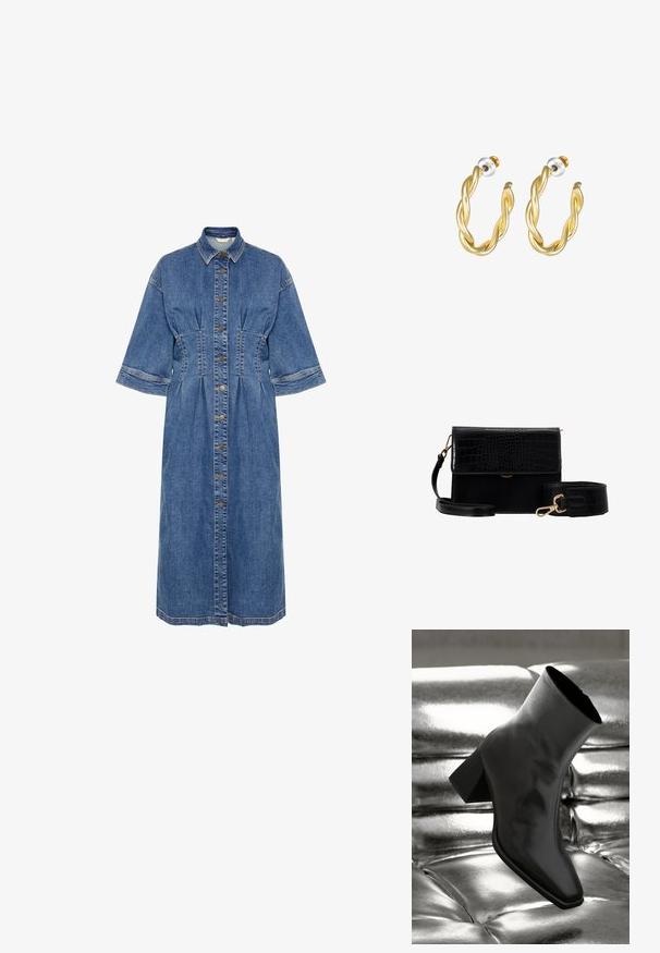 Denim skjortekjole med krave, korte ærmer, knaplukning foran og talje-detaljer. Har en lys blå farve og tonale syninger.; Sorte ankelstøvler lavet af glossy materiale med firkantet tå og spidse hæle, sat mod en skinnende sølv tuftet baggrund.; Sort faux læder crossbody taske med krokodillestruktur, guldhardware og en aftagelig rem. Har klaplukning og indvendigt rum.; Guld snoede hoops øreringe med en glat overflade, der har en transparent baggrund og hardware i guldtoner.