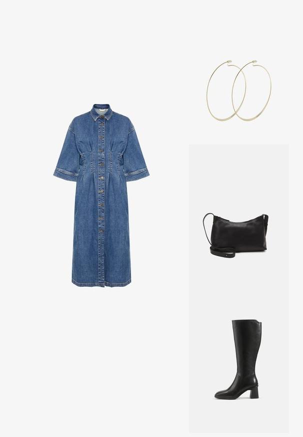 Denim shirtjurk met een kraag, korte mouwen, knopen aan de voorkant en taille-detail. Beschikt over een lichtblauwe kleur en tonale stiksel.; Zwarte leren kniehoge laars met blokhak en afgeronde neus, zijaanzicht op een effen achtergrond.; Zwarte leren schoudertas met een gladde textuur, gebogen vorm, verstelbare schouderband en een ritsafsluiting. Minimalistisch ontwerp zonder versieringen.; Pilgrim Oorbellen - gold-coloured