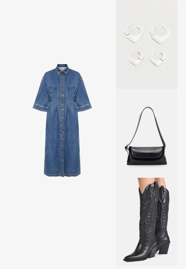 Denim skjortekjole med krave, korte ærmer, knaplukning foran og talje-detaljer. Har en lys blå farve og tonale syninger.; Sorte læder cowboystøvler med spidse tæer, dekorative syninger og skrånende blokhæle båret af en person.; Sort læderhåndvask med en struktureret form, en glat overflade og en enkelt skulderrem. Har et subtilt, rundet klapdesign.; To par skinnende sølvøreringe med et karakteristisk spidst, V-formet design, vist på en hvid baggrund.