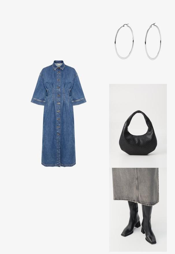 Denim shirtjurk met een kraag, korte mouwen, knopen aan de voorkant en taille-detail. Beschikt over een lichtblauwe kleur en tonale stiksel.; Zwarte laarzen tot de knie van soepel leer met een vierkante neus en blokhak. Draag ze met een grijze denim rok met een rafelige zoom.; Zwarte geweven handtas met een gebogen handvat, met een gestructureerd oppervlak en een slouchy vorm. Gladde afwerking met een organische silhouette.; Grote zilveren creolen met een gepolijste metalen afwerking, met een glad, circulair ontwerp en een veilige sluiting.