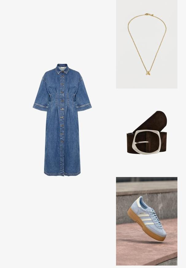 Denim-mekko, jossa on kauluskanteen, lyhyet hihat, nappilista edessä ja vyötärön yksityiskohtia. Värinä vaaleansininen ja tonaliset ompeleet.; Vaaleansininen mokkanahkainen tennari, jossa valkoiset raidat ja kullanvärinen merkintä, varustettu ruskealla kumipohjalla ja pehmustetulla kauluksella mukavuutta varten.; Hieno kultainen ketjukaulakoru, jossa on iso kirjain "A" -riipus ja pieni lukko.; Ruskea mokkanahkavyö, jossa suuri, kiillotettu hopeanvärinen neliönmuotoinen solki, jolla on ainutlaatuinen muoto ja sileä pinta. Reunatikkaukset tuovat lisäyksityiskohtia.