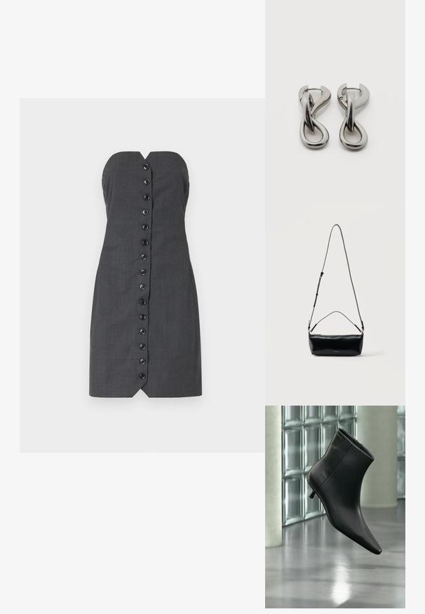 Graues trägerloses Kleid mit taillierter Silhouette, das mit einer Knopfleiste auf der Vorderseite und einem V-Ausschnitt gestaltet ist. Glatte Textur, maßgeschneiderter Stoff.; Schwarzer Leder-Stiefelette mit spitzer Zehenpartie und niedrigem Kitten-Heel, schräg dargestellt vor einem polierten Boden und einer Glasbausteinwand.; Schwarze rechteckige Leder-Umhängetasche mit verstellbarem Schulterriemen, Reißverschluss oben und kleinem goldfarbenem Calvin Klein-Logo vorne.; Paar silberfarbene Metallohrringe mit abstraktem ineinandergreifendem Schlaufen-Design auf weißem Hintergrund.