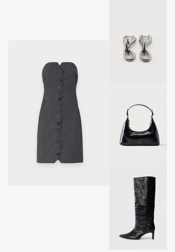 Vestido gris sin mangas con una silueta ajustada, que cuenta con un cierre frontal de botones y un diseño de escote en V. Textura suave, tela a medida.; Botas negras de media caña con textura brillante de patrón de cocodrilo, punta afilada y tacón cónico. Material sintético liso.; Bolso negro brillante de Calvin Klein con cremallera dorada y correa corta sobre un fondo blanco liso.; Par de pendientes de metal con acabado plateado y diseño abstracto de bucles entrelazados sobre un fondo blanco.