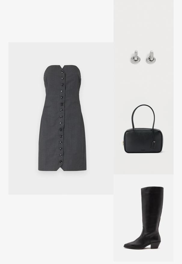 Graues trägerloses Kleid mit taillierter Silhouette, das mit einer Knopfleiste auf der Vorderseite und einem V-Ausschnitt gestaltet ist. Glatte Textur, maßgeschneiderter Stoff.; Schwarzer Lederstiefel bis zur Wade mit spitzer Spitze und niedrigem schrägem Absatz vor einfachem hellem Hintergrund.; Schwarze rechteckige Handtasche mit doppelten, abgerundeten Griffen, goldfarbenem Reißverschluss und geprägtem „HUGO“-Logo auf der Vorderseite sowie angebrachtem Lederanhänger.; Paar kleine, glänzende silberne Creolen mit rundem Sockel, auf einfachem hellem Hintergrund präsentiert.