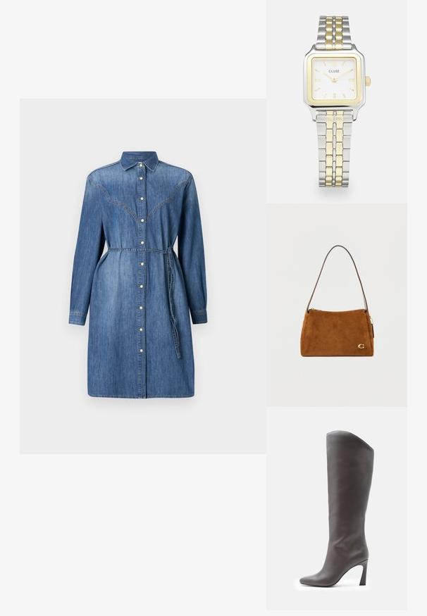 Lichtblauwe denim jurk met lange mouwen, knoopsluiting aan de voorkant, kraag en tailleband. Heeft gestikte schouderpasdetails en zakken.; Hoge donkerbruine leren dameslaars met spits toelopende neus en hoge gebogen blokhak, zijaanzicht op witte achtergrond.; Bruin suède schoudertas met een smalle strap, gouden rits en klein gouden "C" logo in de rechteronderhoek.; Vierkante Cluse-horloge met een witte wijzerplaat, gouden en zilveren accenten, en een bimetalen band met afwisselend gouden en zilveren schakels.