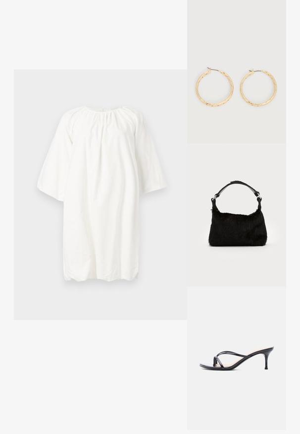 Robe en coton blanc avec un col rond, des manches trois-quarts et un détail froncé au niveau du col ; design ample et simple.; Sandale à talon en cuir verni noir avec fines lanières croisées et talon aiguille moyen et élancé sur fond blanc.; Sac à main en fausse fourrure noire avec une texture douce, une forme arrondie et une bandoulière en cuir noir robuste. Accent en métal argenté visible.; Paire de boucles d'oreilles créoles texturées en ton or avec tiges fines sur fond blanc.