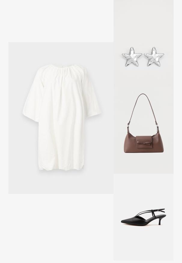 Robe en coton blanc avec un col rond, des manches trois-quarts et un détail froncé au niveau du col ; design ample et simple.; Escarpin noir en cuir à bout pointu avec petit talon kitten, fine bride de cheville avec boucle, design slingback, sur un fond uni clair.; Sac à bandoulière en cuir marron avec une poche à rabat avant ornée d'un détail en forme de nœud cousu et une sangle réglable.; Boucles d'oreilles argentées en forme d'étoile, avec une surface lisse et brillante. Chaque boucle d'oreille possède cinq pointes et des détails subtils de texture de surface.