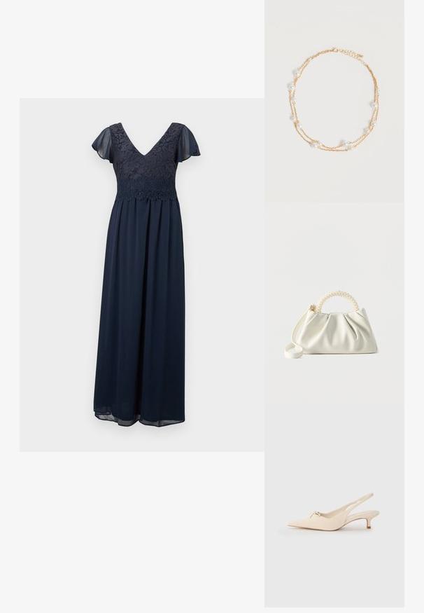 Robe maxi bleu marine avec corsage en dentelle florale, décolleté en V, et manches courtes délicates et transparentes.; Chaussures slingback à bout pointu en cuir blanc cassé, avec un petit nœud et un petit talon. Texture lisse, design minimaliste.; Petit sac à main blanc avec un corps froncé, une poignée ronde ornée de perles et une bandoulière amovible sur un fond uni.; Collier délicat à double chaîne en or avec de petites perles blanches espacées régulièrement sur un fond clair uni.