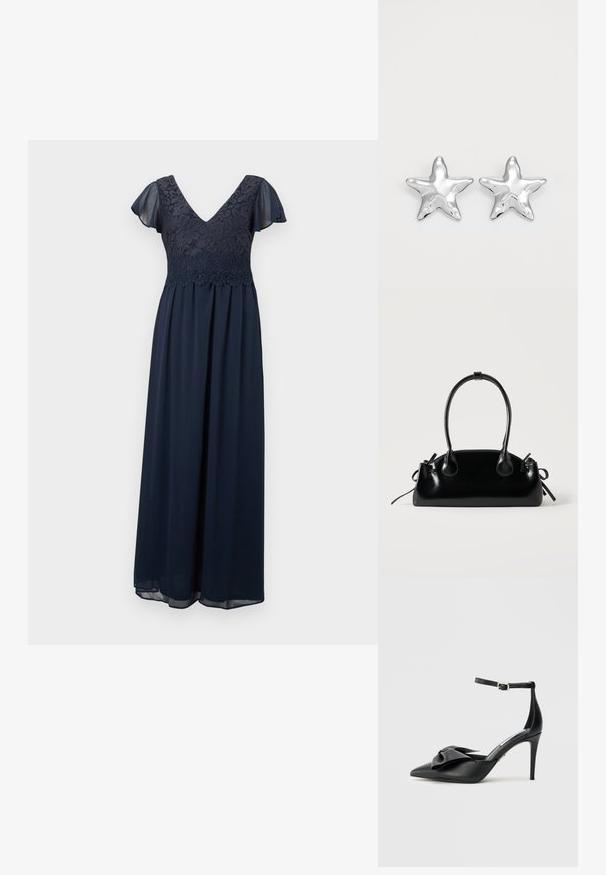 Robe maxi bleu marine avec corsage en dentelle florale, décolleté en V, et manches courtes délicates et transparentes.; Chaussure à talon noir avec bout pointu, accent de nœud en satin et bride de cheville réglable avec ferrures argentées. Texture en cuir lisse.; Petit sac à main noir brillant avec deux longues anses et des détails à cordon sur les côtés sur un fond clair uni.; Boucles d'oreilles argentées en forme d'étoile, avec une surface lisse et brillante. Chaque boucle d'oreille possède cinq pointes et des détails subtils de texture de surface.