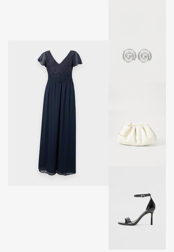 Robe maxi bleu marine avec corsage en dentelle florale, décolleté en V, et manches courtes délicates et transparentes.; Sandale à talon haut en cuir verni noir avec un bout ouvert, une seule lanière à l'avant et une lanière de cheville ajustable.; Sac à main en cuir blanc avec un design plissé, doté d'une bandoulière en chaîne dorée et d'une forme arrondie. Texture lisse avec des plis doux et sans motifs.; Paire de boucles d'oreilles en forme d'anneau spirale en argent avec un design lisse et arrondi sur fond blanc uni.