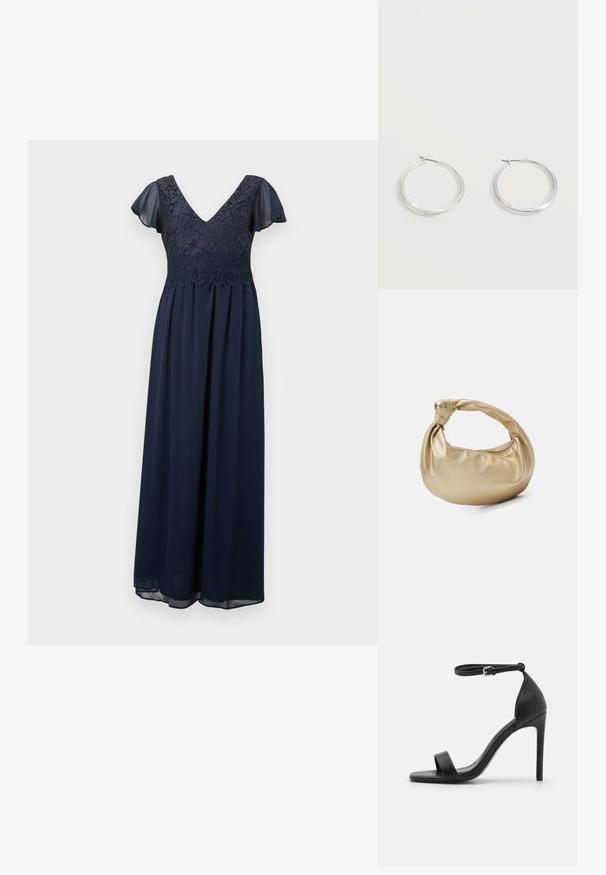 Robe maxi bleu marine avec corsage en dentelle florale, décolleté en V, et manches courtes délicates et transparentes.; Sandale noire à talons hauts au design épuré, avec une bride au niveau de la cheville, un bout ouvert et une texture en cuir lisse.; Sac à main en métal doré avec une texture lisse et brillante. Il possède une anse nouée et une forme arrondie et douce. Fermeture zippée sur le dessus.; Boucles d’oreilles créoles en métal argenté avec une surface lisse légèrement incurvée et des fermoirs à clapet sur un fond blanc uni.