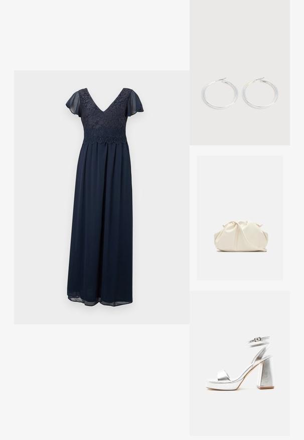 Robe maxi bleu marine avec corsage en dentelle florale, décolleté en V, et manches courtes délicates et transparentes.; Sandale à talon haut métallique argenté avec bride à la cheville, talon bloc et bout ouvert sur un fond clair uni.; Pochette en cuir souple couleur crème avec un design froncé et une fine bandoulière reposant à l’avant sur un fond uni.; Paire de boucles d'oreilles créoles argentées brillantes avec fermoirs en fil fin, présentée sur un fond gris clair.