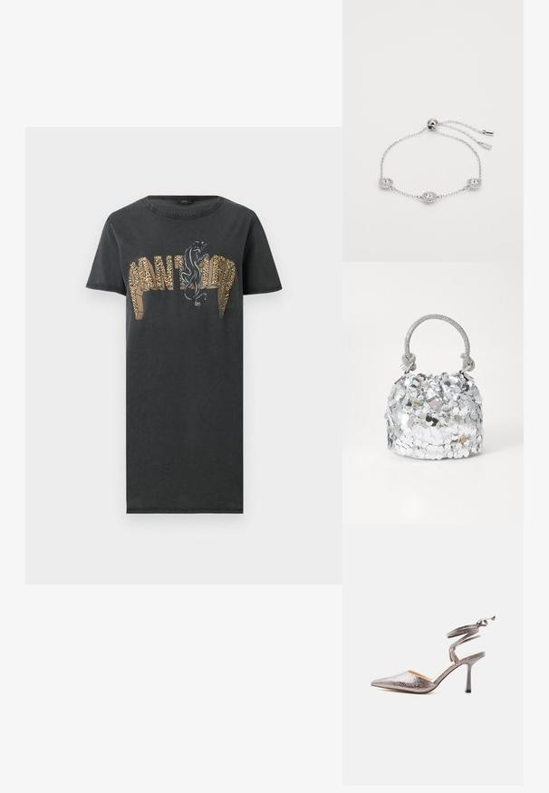Schwarzes Kleid mit kurzen Ärmeln, mit dem Schriftzug „PANTHER“ in Leopardenmuster und einer schwarzen Panthergrafik über den Buchstaben auf der Vorderseite.; Silberner metallic spitzer High Heel Schuh mit Wickel-Fußgelenkriemen und schmalem Stiletto-Absatz auf weißem Hintergrund.; Runde silberne Handtasche, die mit reflektierenden Pailletten bedeckt ist, mit einem geflochtenen Griff und einem kleinen Logo auf der Vorderseite. Insgesamt glatte Textur.; Silbernes verstellbares Armband mit drei runden klaren Kristallen, umgeben von kleineren Kristallen, an einer feinen Kette mit einem Schiebverschluss.