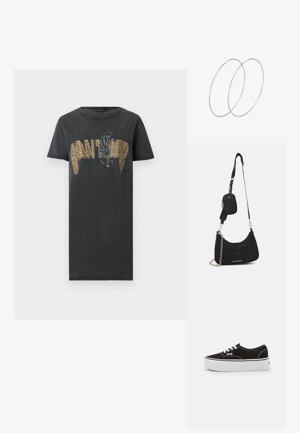 Schwarzes Kleid mit kurzen Ärmeln, mit dem Schriftzug „PANTHER“ in Leopardenmuster und einer schwarzen Panthergrafik über den Buchstaben auf der Vorderseite.; Schwarze Leinensneaker mit einer weißen Gummiplattformsohle, weißen Schnürsenkeln und Nähten, ikonischer Markenaufdruck an der Seite, im Low-Top-Design.; Schwarze Nylon-Umhängetasche mit geschwungener Form, silbernem Kettenakzent, abnehmbarem Mini-Pouch und verstellbarem Trageriemen; mit "Steve Madden"-Logo.; Silberne Creolen mit minimalistischem Design. Rundform, glatte Oberfläche und dünnes Profil. Leichtgewichtig mit hochglänzender Oberfläche.