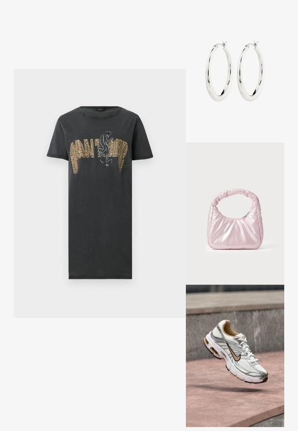 Zwarte korte mouwen jurk met de tekst "PANTHER" in luipaardprint en een zwarte panter afbeelding boven de letters aan de voorkant.; Witte en zilveren Nike hardloopschoen met een beige swoosh-logo, getoond zwevend boven een stenen oppervlak met een onscherpe grijze muur op de achtergrond.; Roze, gevoerde handtas met een afgeronde vorm, gemaakt van glanzend materiaal. Beschikt over een geplooide handgreep en een ritssluiting voor veilige toegang.; Zilveren oorbellen in de vorm van een gladde, glanzende ring. Circulaire vorm, voorzien van een veilige sluiting. Eenvoudig en elegant ontwerp.