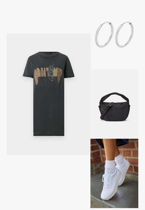Sort kortærmet kjole med teksten "PANTHER" i leopardprint og en sort pantergrafik over bogstaverne foran.; Hvide lærreds sneakers med gummisåler, der har seks snørehuller, rund tå og let sømdetaljer, krydret med hvide ankelstrømper.; Sort stof skuldertaske med et snoet håndtag, en aftagelig rem og en lynlåslukning i toppen. Glat tekstur og minimalistisk design.; Sølv hoops øreringe, cirkulær form, glat skinnende tekstur og ensartet bredde hele vejen igennem. Minimalistisk design uden yderligere accenter.