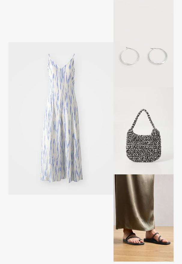 Mouwloze midi-jurk met een V-hals, gemaakt van een gestructureerde witte stof met blauwe verticale strepen, met een uitlopende silhouet.; Zwarte rubberen slipper met twee dunne banden, met een enkele teenlus. Geplaatst op een houten vloer naast een satijnen olijfgroen rok.; Geweven handtas in zwart en wit met een ronde vorm, gestructureerd oppervlak en een gevlochten handvat. Geschikt voor dagelijks gebruik.; Zilverkleurige metalen creolen oorbellen met een glad, licht gebogen oppervlak en sluitingen met haaksluiting op een effen witte achtergrond.