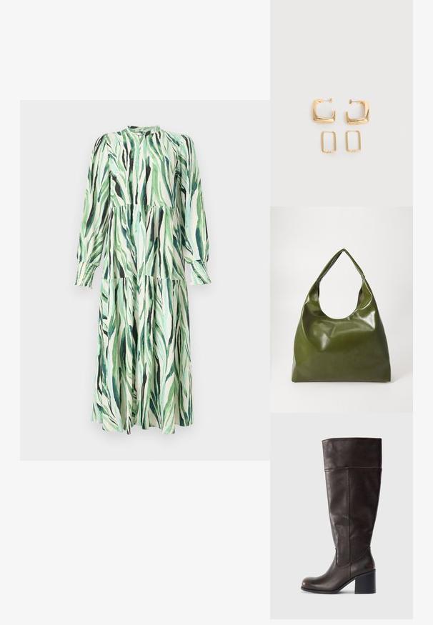 Robe midi à manches longues avec jupe à volants, motif abstrait de feuilles en vert et noir, col montant et poignets froncés sur fond blanc.; Botte en cuir marron hauteur genou avec un bout rond et un talon empilé. Présente une texture lisse et des coutures latérales.; Sac hobo en cuir vert au design décontracté, avec une poignée incurvée et une texture lisse. Ne contient aucun matériel ou accent visible.; Deux paires de Boucles d'oreilles créoles géométriques dorées sur une surface blanche unie, une paire carrée et pleine, une paire rectangulaire et creuse.